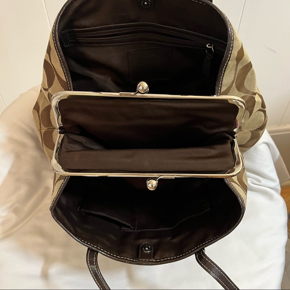 Coach stripe satchel purse bag with clasp brown and tan beige - Picture 6 of 9